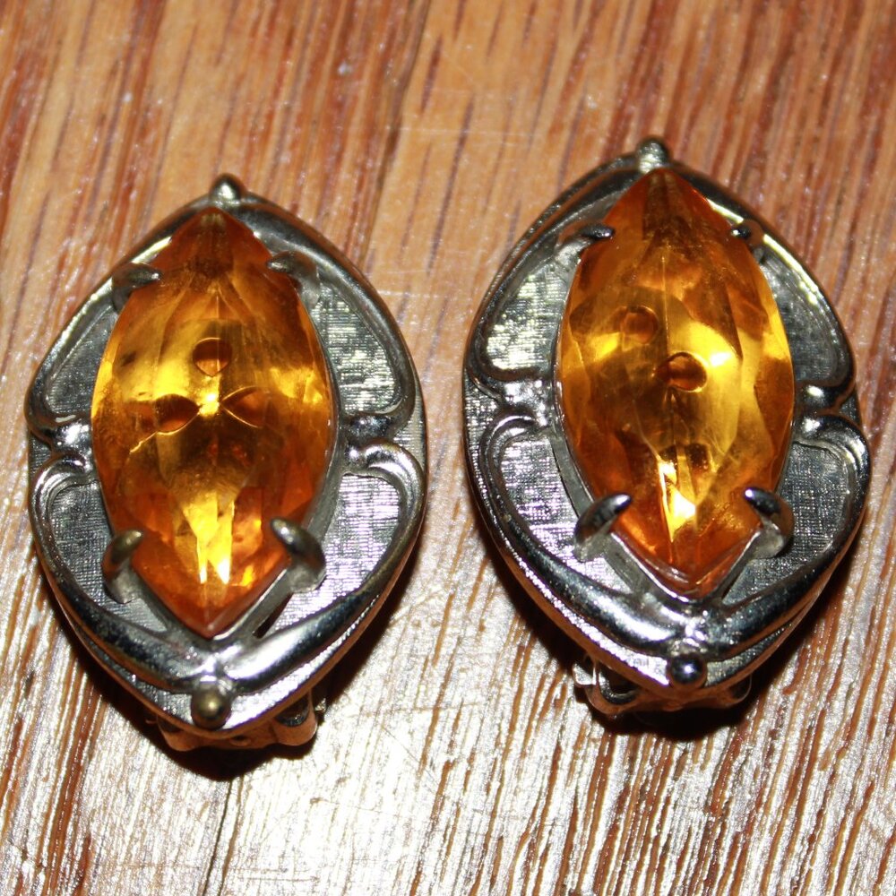 Vintage Whiting & Davis Co. Orange Marquis Clip-On Earrings